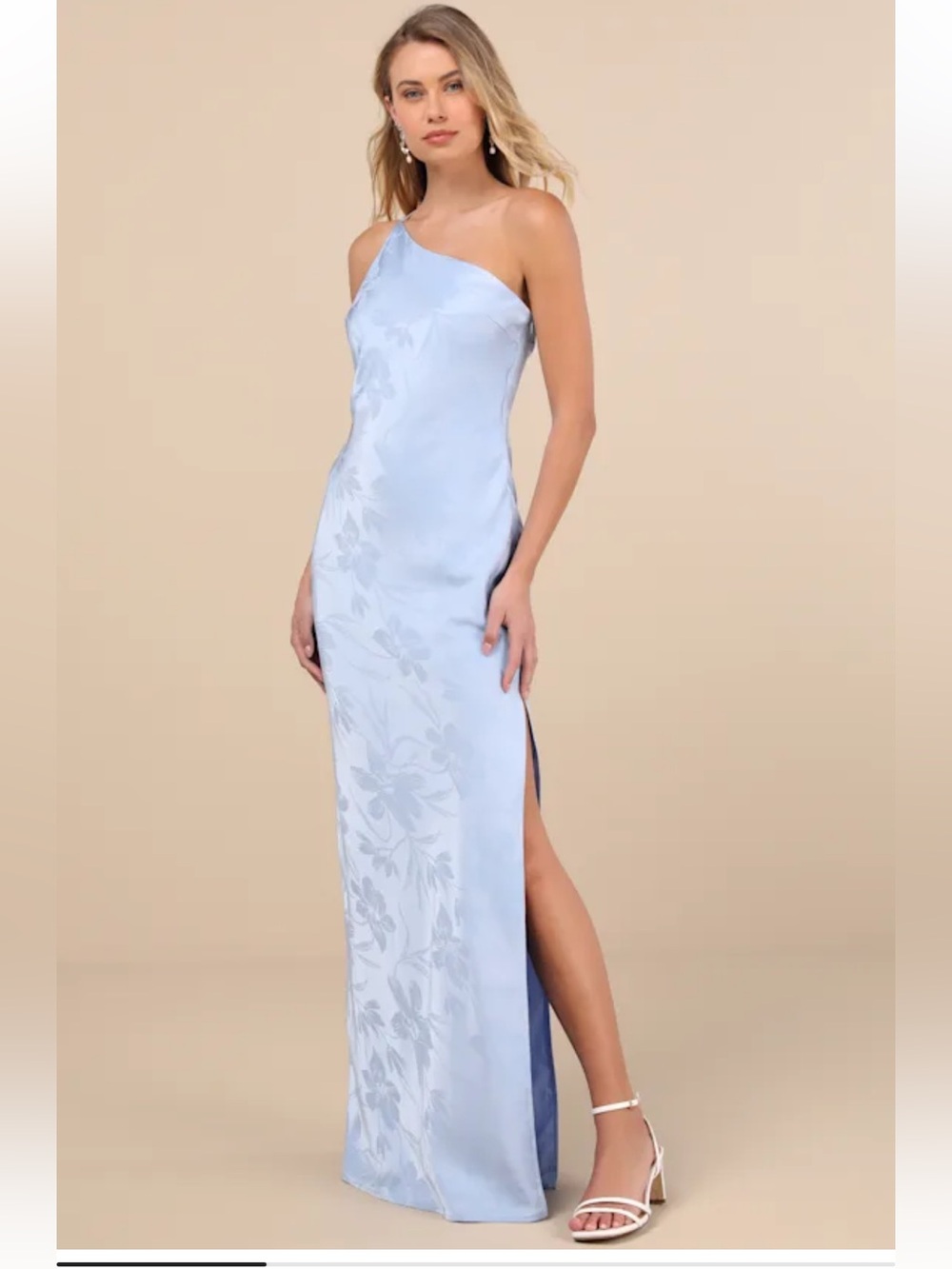 NWT! Lulus Nadra Light Blue Satin Jacquard One-Shoulder Maxi Dress. Womens XL